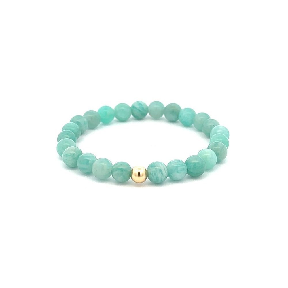 Natural Amazonite Peru 6mm Stretchable Bracelet 18k Gold Bead Charm